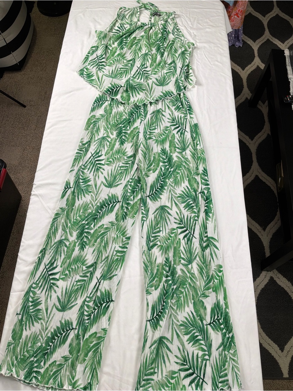 Fashion Nova White Jumpsuit with Green Leaf Print
